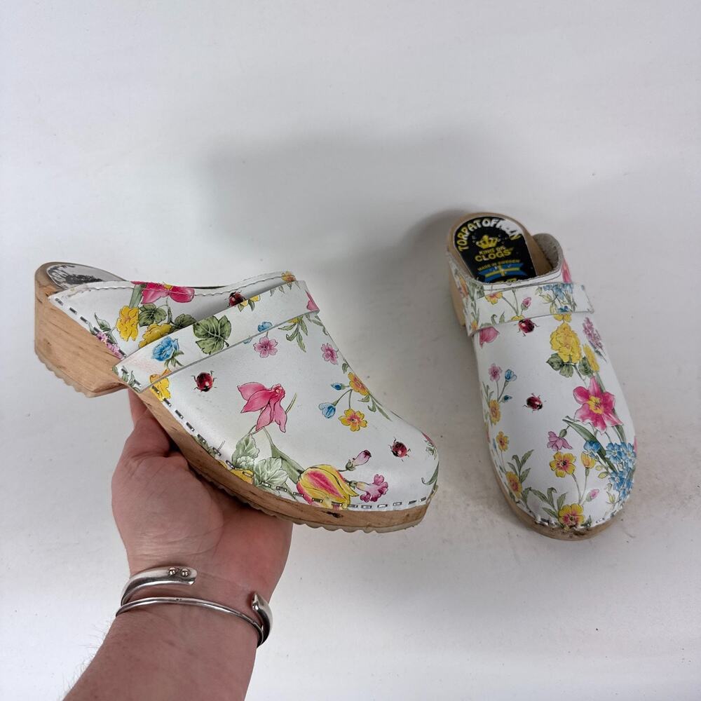 Torpatoffeln Clogs Women's 7 White Floral Leather Comfort Wood Footbed Slip-On